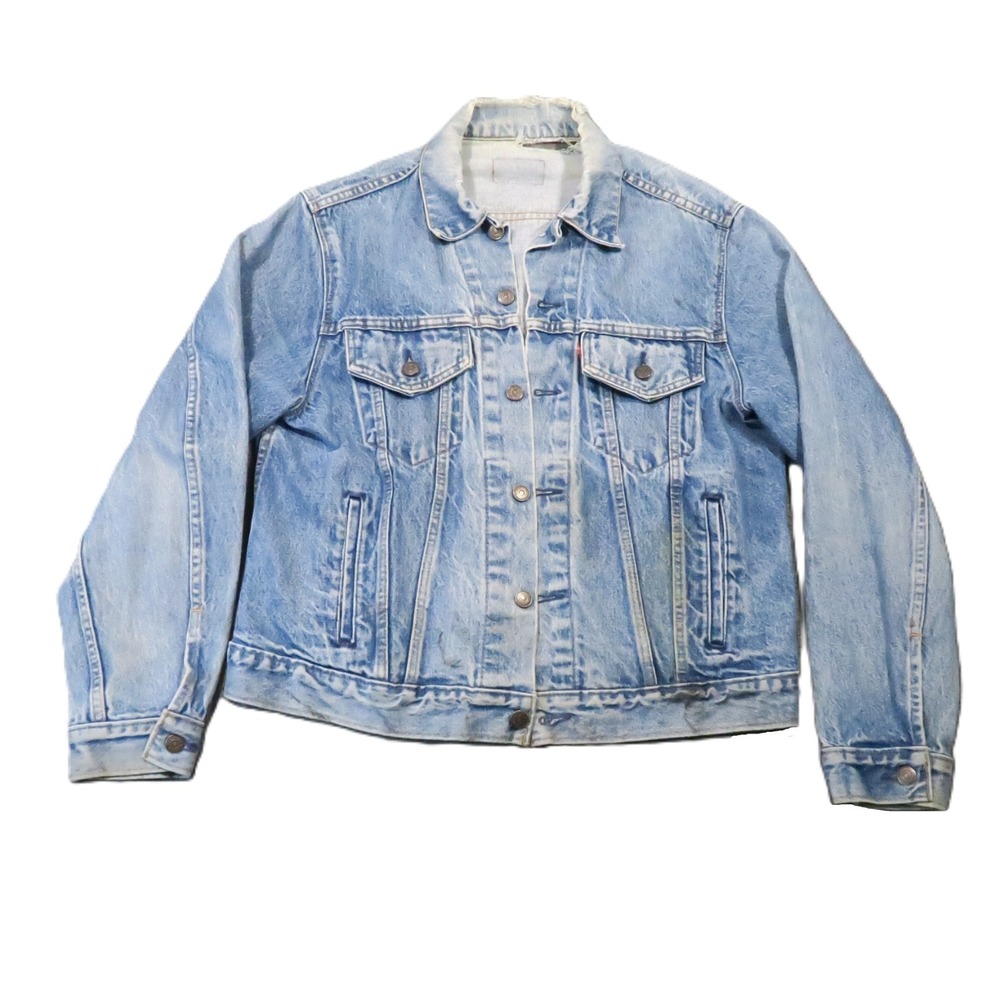 Levis Denim Trucker Jacket 44R Light Wash Distressed USA Vintage 80s 70506 0216